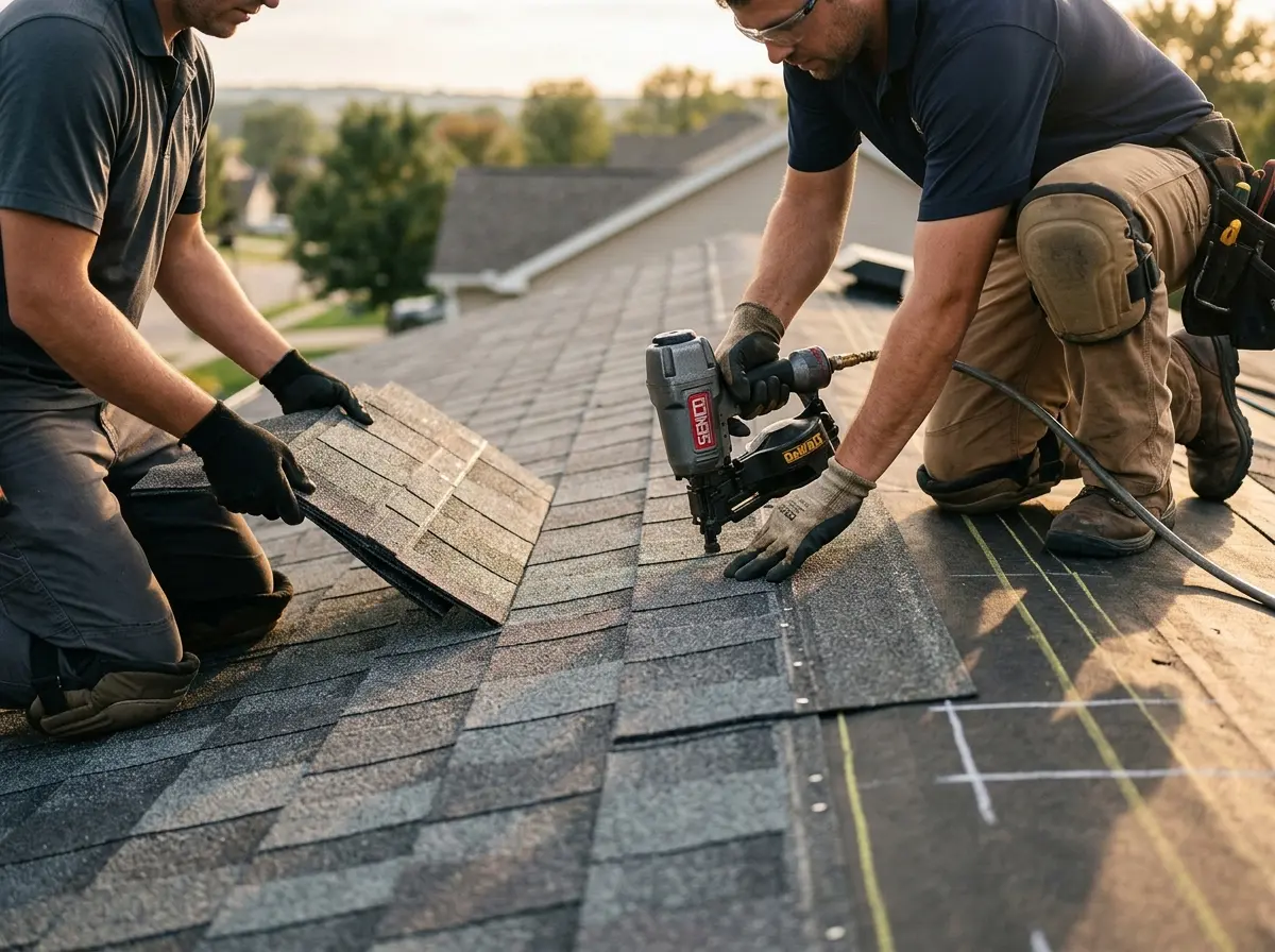 Professional roofer working on a residential roof in Burien